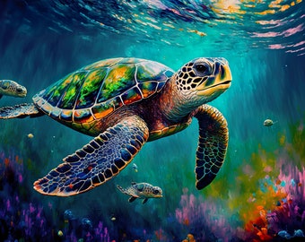 Meeresschildkröte Umarmung. Lebendiges buntes Ölgemälde Sea Life Leinwand Wand kunstdruck.
