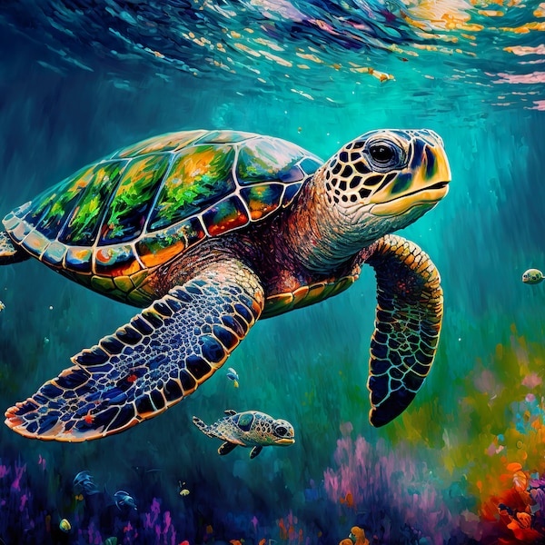 Sea Turtle Embrace. Vibrant Colorful Oil Painting Sea Life Canvas Wall Art Print.