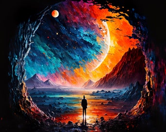 Träume in einem anderen Reich. Lebendiges buntes Ölgemälde Traumlandschaft Landschaft Leinwand Kunstdruck.