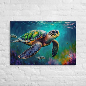 Sea Turtle Embrace. Vibrant Colorful Oil Painting Sea Life Canvas Wall ...