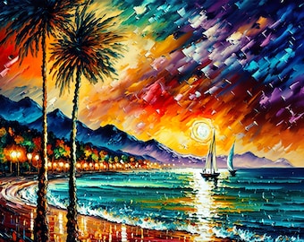 Velero al atardecer. Vibrante colorido óleo pintura paisaje playa lienzo pared arte impresión.