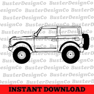 May include: A black and white line drawing of a side view of a Ford Bronco SUV. The vehicle has a hard top and large tyres.