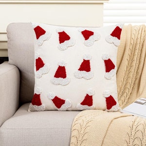 Embroidered Christmas Pillow Santa Hat Christmas Throw Pillow Cover Gift Christmas Decor Winter Decorative Pillowcase Farmhouse Tufted