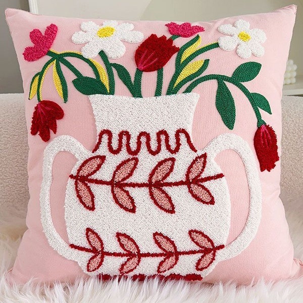 Flower Embroidered Throw Pillow Covers 18x18 Handmade Floral Pattern Square Lumbar Pillow Cases Home Decor Chic Accent Couch Sofa Home Decor