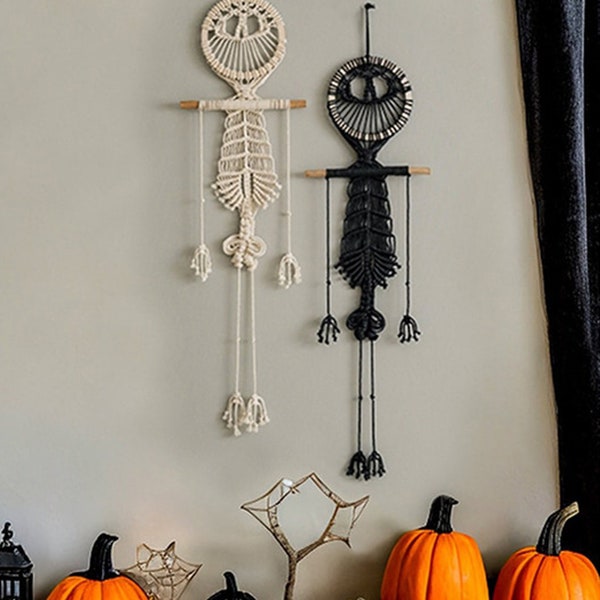 Skeleton Wall Hanging, Goth Tapestry, Halloween Party Decor, Witchy Goth, Spooky Halloween, Macrame Handmade, Skeleton Halloween