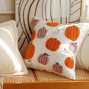 Funny Pumpkin Pillow, Handmade Pillow Cover, Halloween Pumpkin Decorative Pillow Case, Colorful Pumpkins, Punch Embroidery