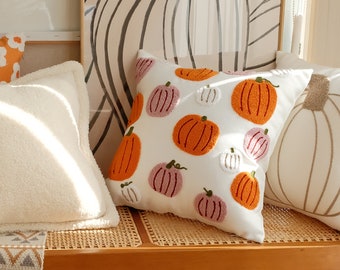 Funny Pumpkin Pillow, Handmade Pillow Cover, Halloween Pumpkin Decorative Pillow Case, Colorful Pumpkins, Punch Embroidery