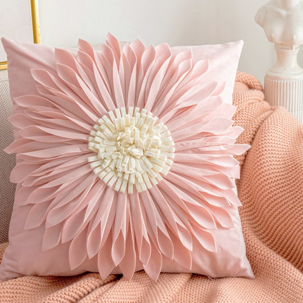 3D Sunflower Decorative Throw Pillows Cover, Flower Accent Pillow, Handmade Square Shaped Velvet Cushion for Couch Bed Bedroom Sofa Decor