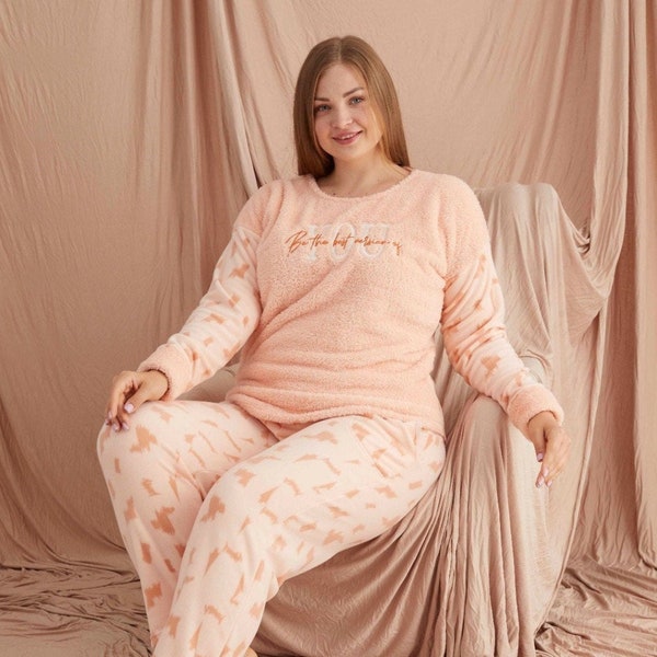 Ensemble de pyjama en polaire pour femmes, vêtements de détente en molleton doux à manches longues tenue décontracté haut bas- pyjama chaud - ensemble de pyjama taille plus mignon