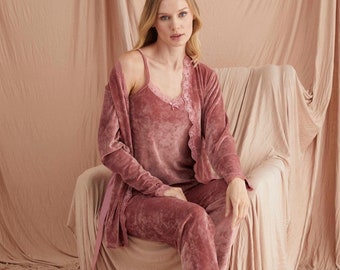 Velvet Pajama Set Luxurious Home wear 3 pieces,Bridal Party Bride & Bridesmaid,Velvet NightGown Set for Winter and Fall, PJ party