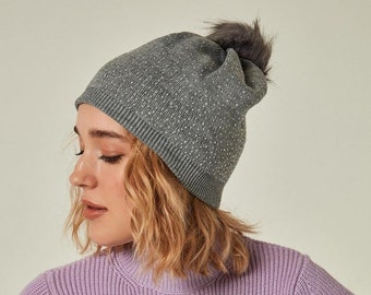 Grey and Navy blue cotton beanies with tiny stones and pom pom detailed