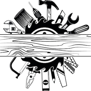 Peut inclure: Illustration en noir et blanc de divers outils, dont un marteau, une scie, un tournevis et une clé, disposés autour d'une planche de bois. Les outils symbolisent la menuiserie, la construction et les projets de bricolage.