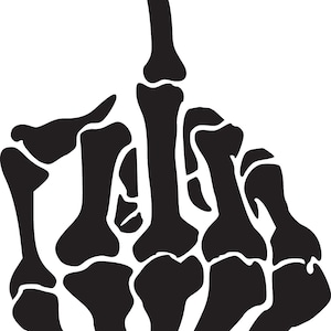 May include: A black skeletal hand giving the middle finger. The hand is stylized and detailed, with visible bones and joints.