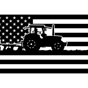May include: Black and white silhouette of a tractor plowing a field with an American flag in the background.