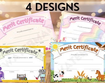 Certificado de Mérito Imprimible, Premio, Letrero, 4 diseños, Multipack, Descarga Instantánea