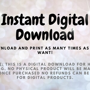 Puede incluir: Texto sobre un fondo blanco con un efecto de bokeh borroso. El texto dice "Descarga digital instant&aacute;nea" y "&iexcl;Descarga e imprime tantas veces como quieras!"  "Nota: Esta es una descarga digital para impresi&oacute;n en casa. No se enviar&aacute; ning&uacute;n producto f&iacute;sico. Una vez comprado, no se pueden dar reembolsos por productos digitales."