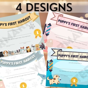 Printable My First Puppy&#39;s Haircut Certificate, Award, Sign, 4 designs, Multipack, Instant Download, Dog Groomers