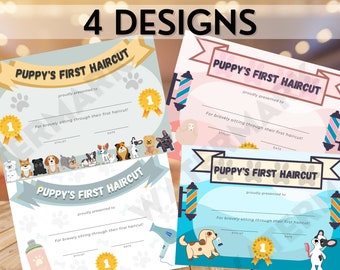 Certificado imprimible para el primer corte de pelo de mi cachorro, premio, letrero, 4 diseños, paquete múltiple, descarga instantánea, peluqueros caninos