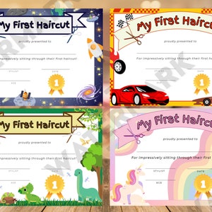 Puede incluir: Cuatro certificados imprimibles para el primer corte de pelo de un ni&ntilde;o. Cada certificado tiene un tema diferente: el espacio, los coches, los dinosaurios y los unicornios. Cada certificado tiene el texto "Mi primer corte de pelo" y espacio para el nombre del ni&ntilde;o, el nombre del estilista, la fecha y la edad.