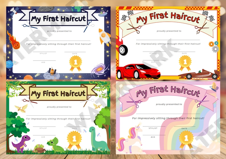 Puede incluir: Cuatro certificados imprimibles para el primer corte de pelo de un ni&ntilde;o. Cada certificado tiene un tema diferente: el espacio, los coches, los dinosaurios y los unicornios. Cada certificado tiene el texto "Mi primer corte de pelo" y espacio para el nombre del ni&ntilde;o, el nombre del estilista, la fecha y la edad.