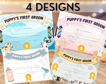 Certificado imprimible para el primer corte de pelo de mi cachorro, premio, letrero, 4 diseños, paquete múltiple, descarga instantánea, peluqueros caninos, primer corte de pelo del perro