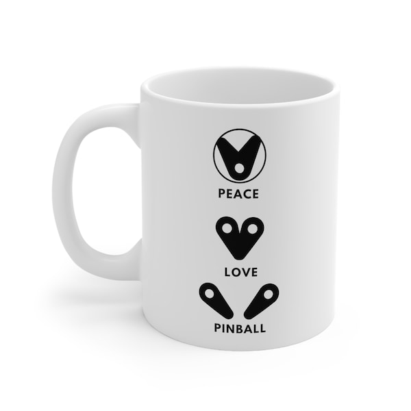 Peace, Love, Pinball - Tasse en céramique de 11 oz - idéale pour les propriétaires de flipper, les passionnés et les amateurs de flipper !