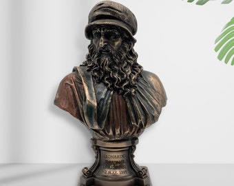 Italian Artist Leonardo Da Vinci Figurine, Statue, Sculpture, 9 1/8 Inch Bronze Resin Stone Bust Statue