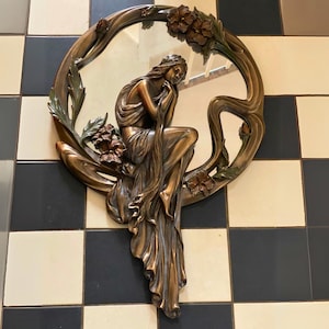 Art Nouveau Wall Mirror with Bronze Goddess Design, Elegant Floral Decorative Mirror
