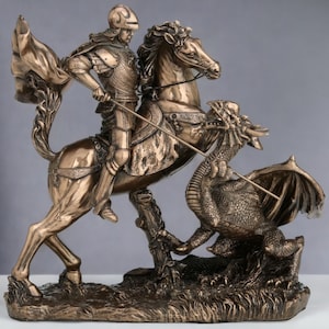 Cold Cast Bronze Saint George Dragon Slayer Statue: Medieval Knight Decor