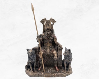 Norse God Odin Statue, Ravens and Wolves, Cold Cast Bronze Figurine