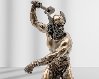 Thor Statue with Mjolnir Hammer: Norse Mythology Decor
