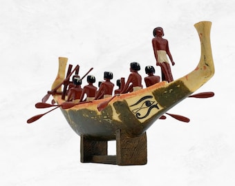 Egyptian Boat Figure, Hand Painted Rowing Egyptians Figurine, Egyptian Decor