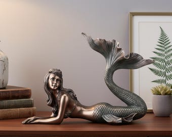 Mermaid Statue, Hand-Painted Polyresin Siren Figurine, Mythical Sea Goddess Sculpture, Nautical Home Decor Gift