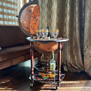Minosse Globe Bar Cabinet with Bottle Storage on Casters, Home Bar Cart, Vintage Style Drink Dispenser, Decorative Bar Accessory