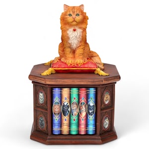 Regal Cat Figurine Box: Hand-Painted Resin Bookshelf Decor