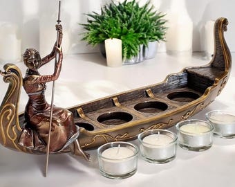 Art Nouveau Gondola Candle Holder: Bronze Finish Tealight Centerpiece