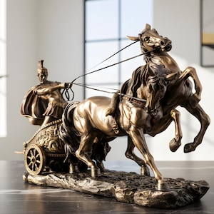 14,5 zoll, Achilles Auf Zwei Pferdewagen Statue, griechische Statue, Bronzeskulptur, griechische Mythologie Kunst, Antike Griechische Statue