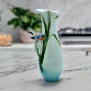 Handgefertigte Porzellanvase aus Bambus mit Singvogel - Eleganter dekorativer Blumenschmuck - Einzigartiges Wohndekor Geschenk