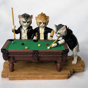 Edgy Cats Playing Pool Figurine: Hand-Painted Resin Art
