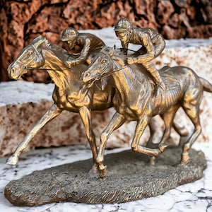Cold Cast Bronze Race Horse and Jockey Sculpture