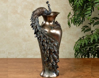 Bronze Peacock Vase, Hand Painted Colorful Vase