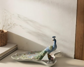 Peacock Figurine on Floral Tray – Luxury Ceramic Home Decor Sculpture for Living Room & Entryway
