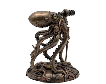 Steampunk-octopusstandbeeld: een octopus die met een verrekijker onder de zee door loopt