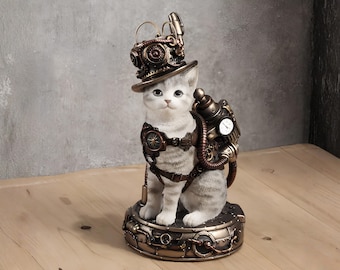 Steampunk Cat Statue, Mechanical Kitten Figurine, Retro Futuristic Decor, Resin Sculpture