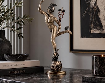 Bronze Hermes Statue, Greek God Sculpture, Mercury Figurine, Classical Art Decor