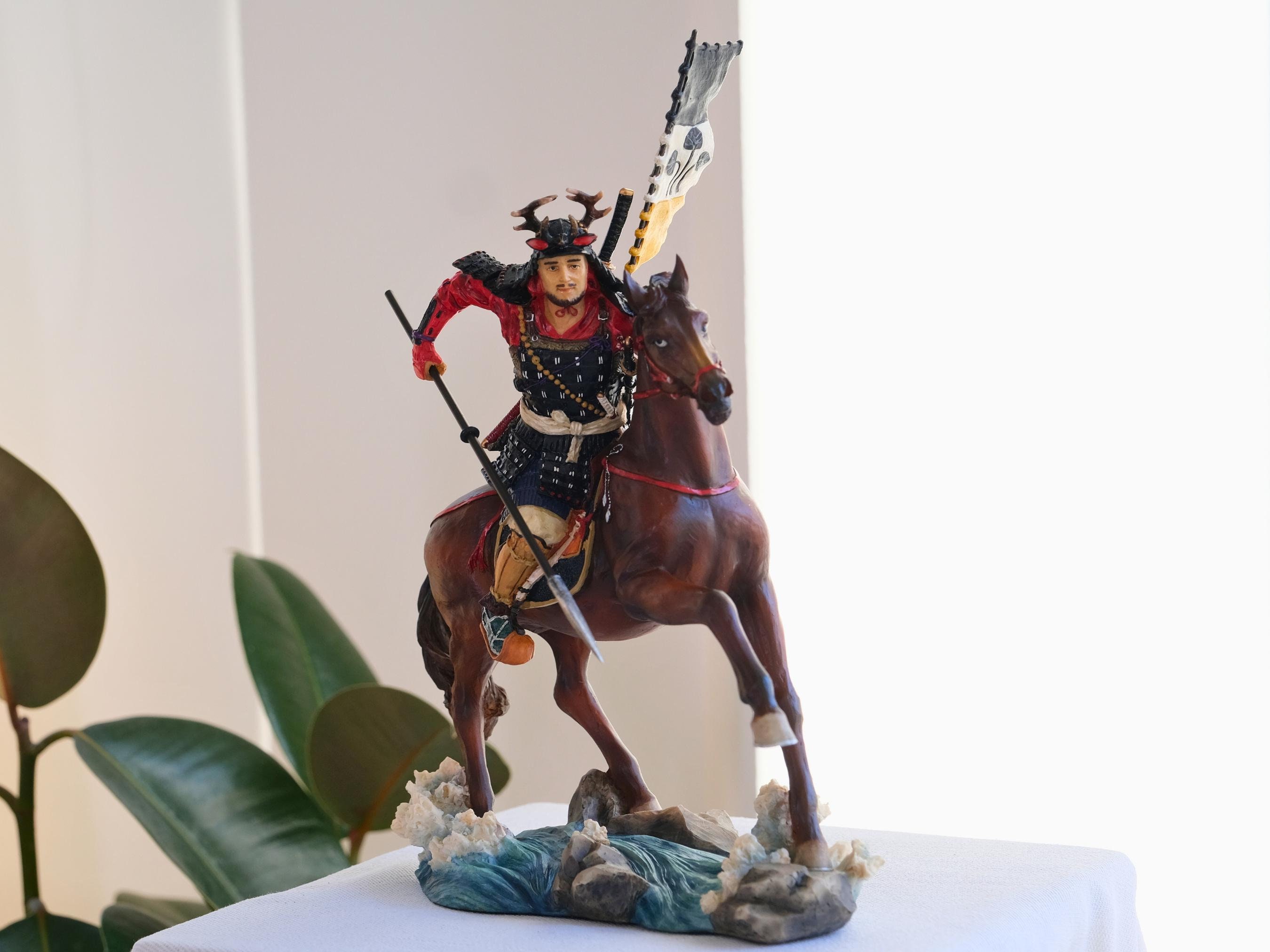 Samurai Statue With Spear on Horse, Detailed Warrior Figurine ...