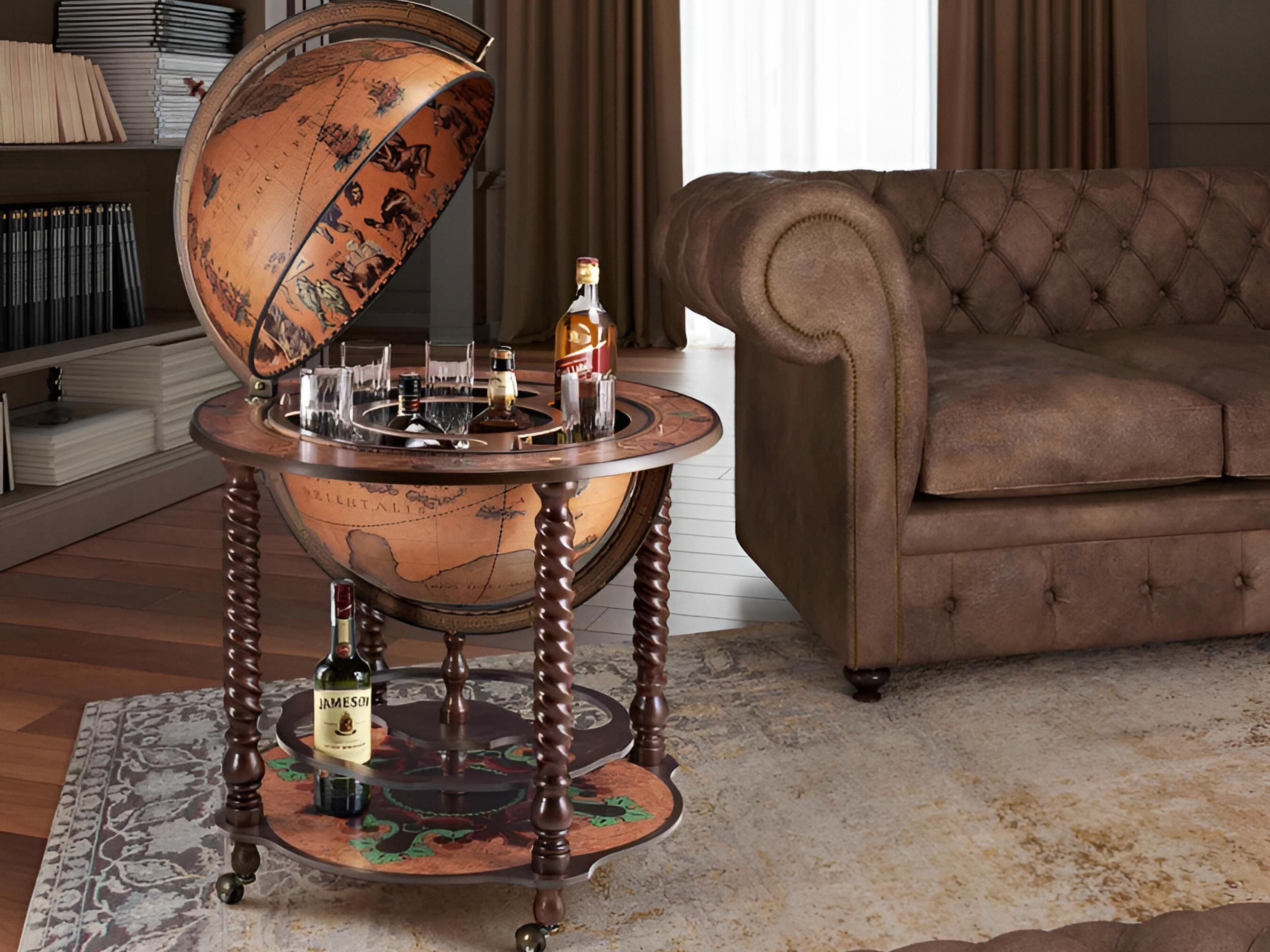 Design Toscano 16th Century Italian Replica Beige Globe Bar Cart With Wood Top Sepia