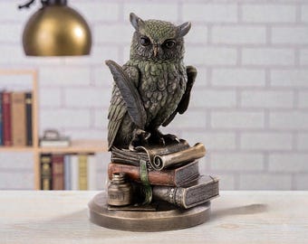 Wise Owl Statue on Books – Scholar & Teacher Gift – Academic Library Decor for Office Desk