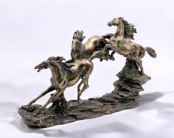 フリージアン馬の像、コールドキャストブロンズ彫刻、大理石の台座
