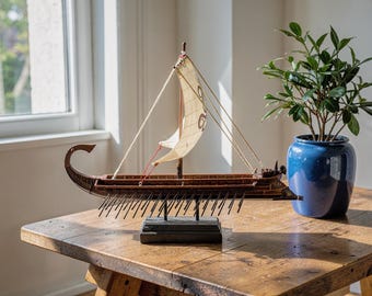 Large Greek Trireme Ship Model, Ancient Warship Rowboat Sculpture, Mythological Nautical Decor